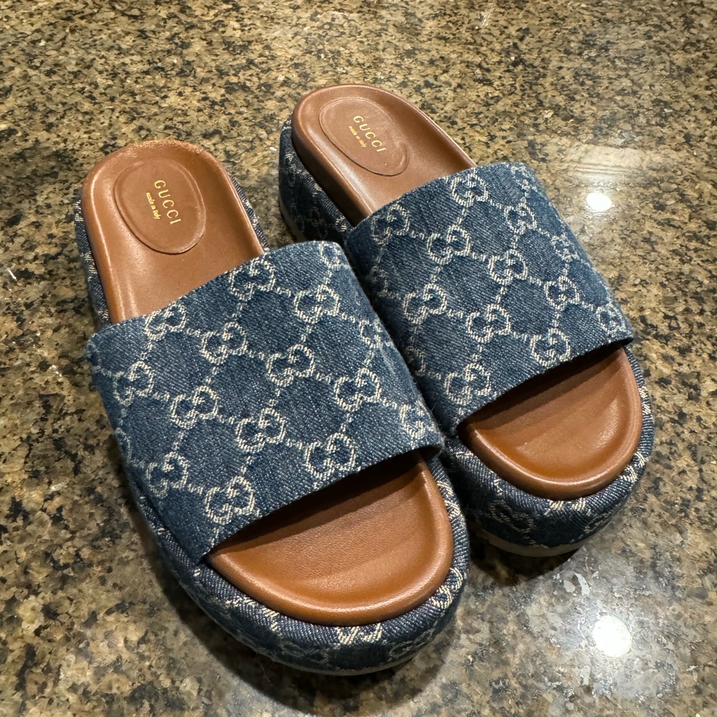 Gucci Blue And Brown Slide Sandals